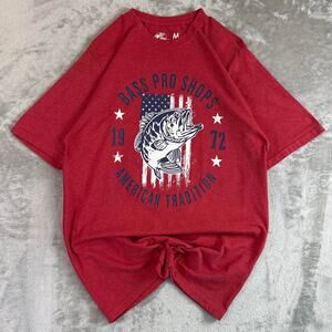 Bass Pro Shops T Shirt Mens Medium Red Fish Graphic American Flag Tee